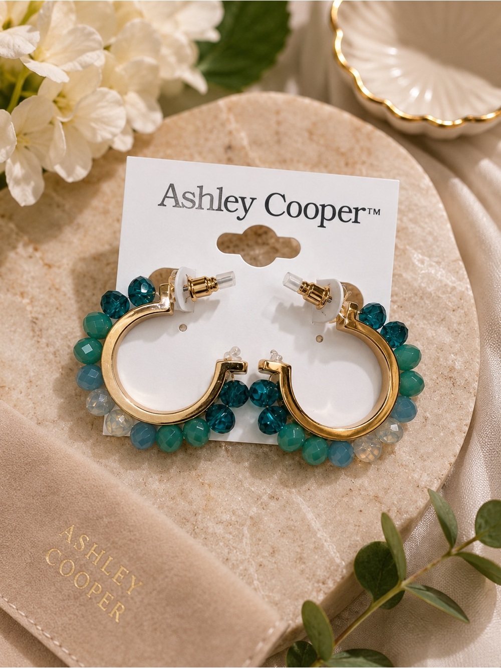 Ashley Cooper Gold Hoop Earrings with Teal and Aqua Beads